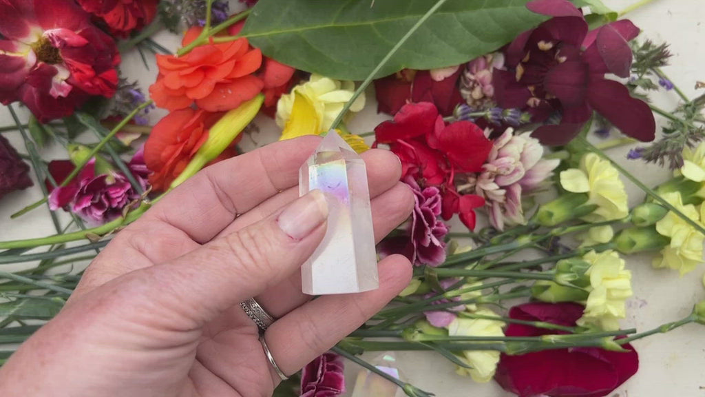 angel aura quartz points on table. 