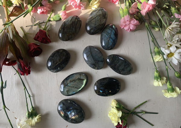 Nine Amazing Earth Labradorite Palm Stones are displayed in an oval on a light surface with colorful flowers, showing blue-green iridescence—ideal as a meditation stone or intuition crystal.