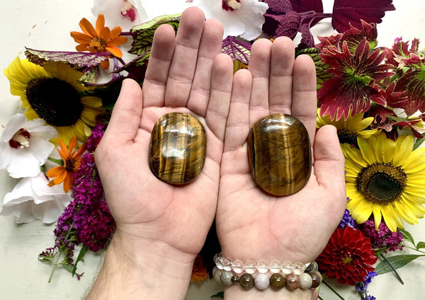 Two hands hold Amazing Earth's Tigers Eye Palm Stone, a protective crystal ideal for meditation, with sunflowers, daisies, hibiscus in the background and a beaded bracelet on the wrist.